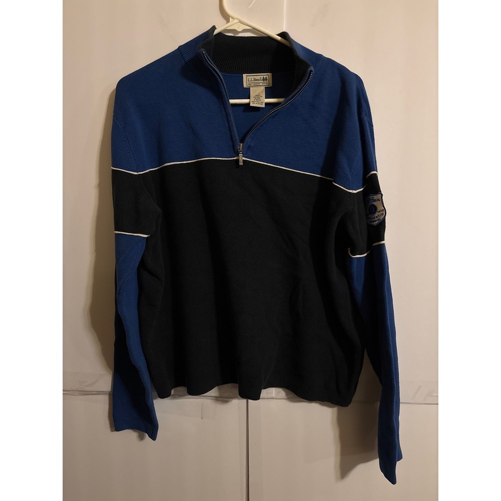 LL Bean Mens Colorblock Quarter Zip Pullover Sweater Blue‎ Black Cotton M REG